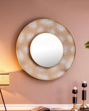 Moroccan Filigree Circles Wall Mirror with Elegant Gold Patterns.