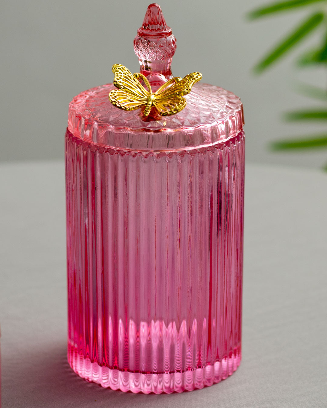 Ruby Ribbed Glass Storage Jar - Pink - The Decor Kart 