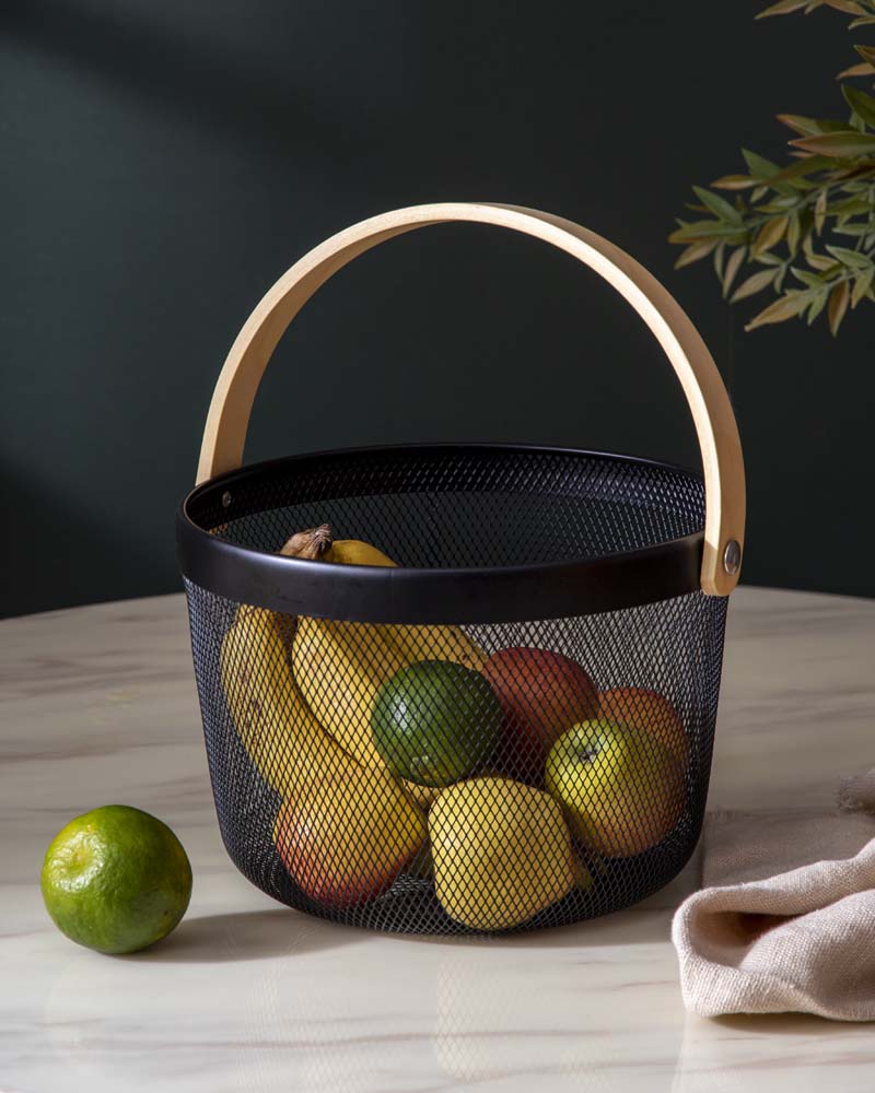 Round Metal Storage Basket with Wood Handle - Black 