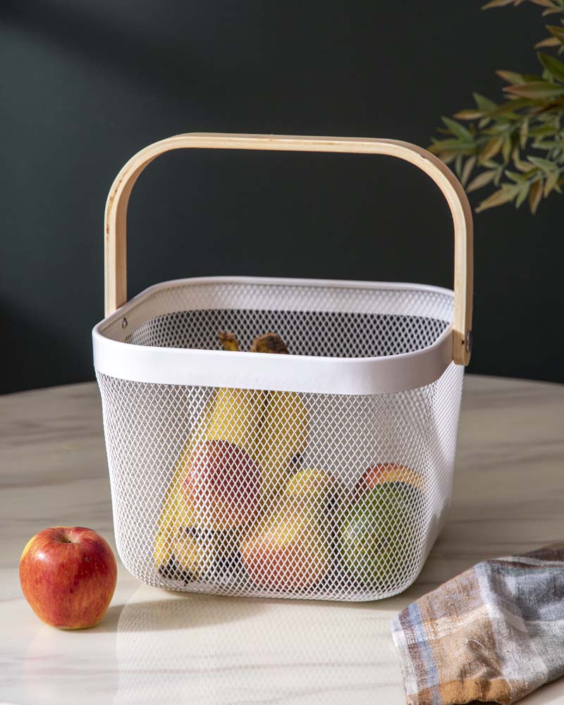 Square Metal Storage Basket with Wood Handle - White LARGE - Set of 2 