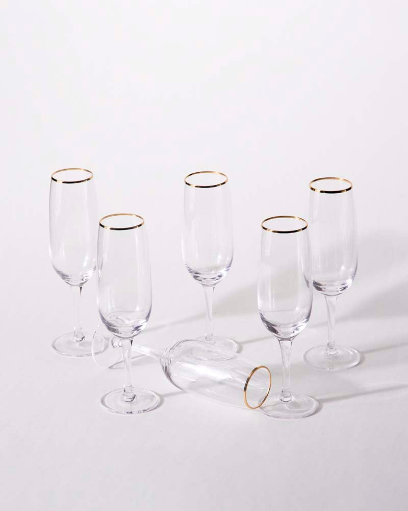 Gold Rim Champagne Flute Glass  - Set of 6