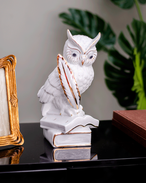 Wise Words: White Owl Figurine Perched on Books" - The Decor Kart