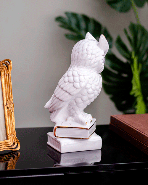 White Owl Figurine Poised on Books - The Decor Kart