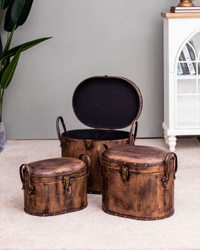'Rugged Brown' Faux Leather Set of 3 Storage Stools