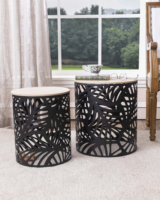 Palm Leaf Nesting Table - Black - Set Of 2 - The Decor Kart