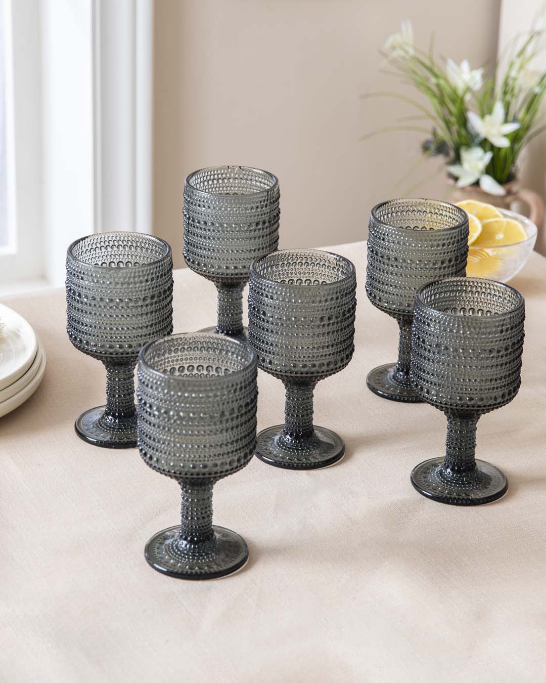 Bubble Embossed Goblet Glass Black - Set of 6 - The Decor Kart 