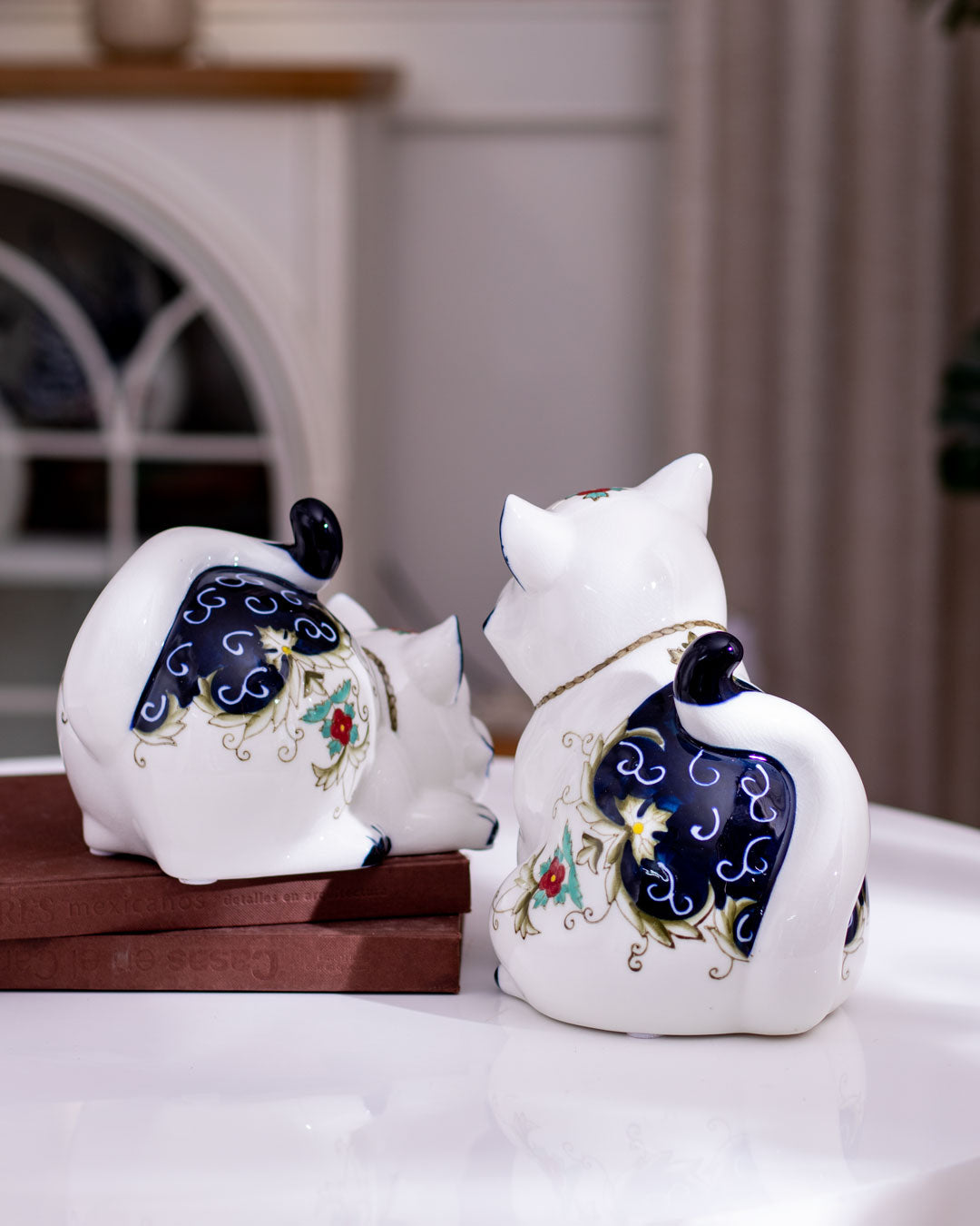 Vintage Hand-Painted Blue & White Cats - Set of 2