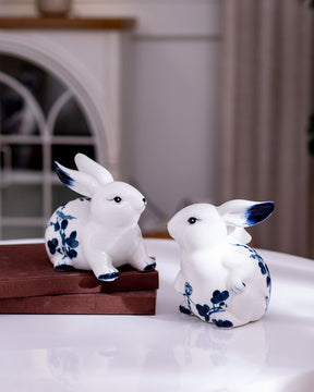 Vintage Hand-Painted Blue & White Rabbits - Set of 2