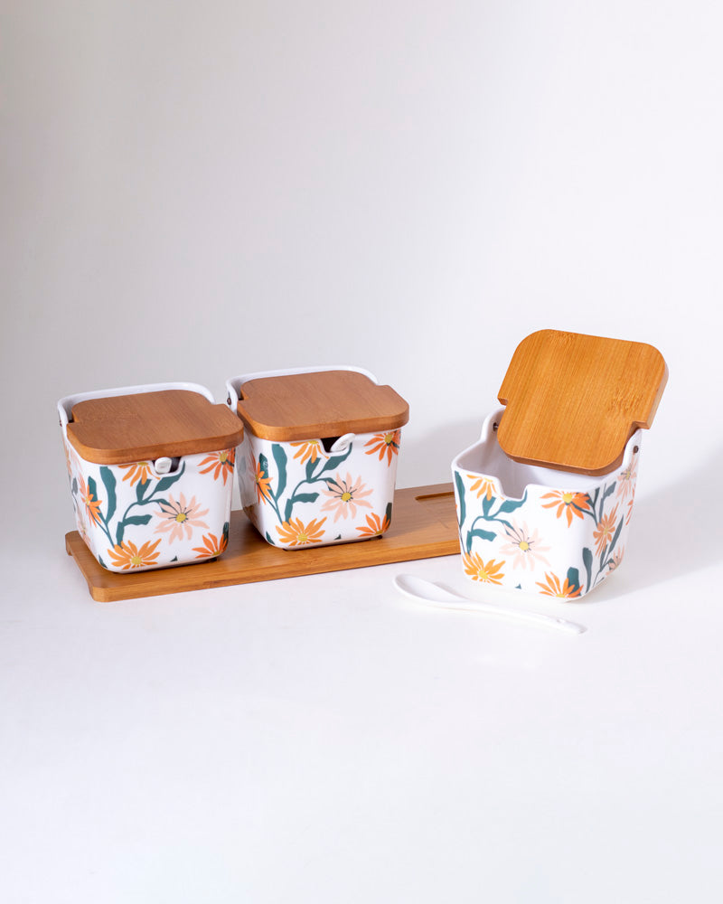 Daisy Delight Condiment Jar with Wooden Lids and Tray 