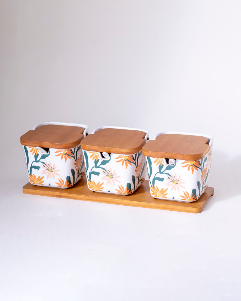 Daisy Delight Condiment Jar with Wooden Lids and Tray 