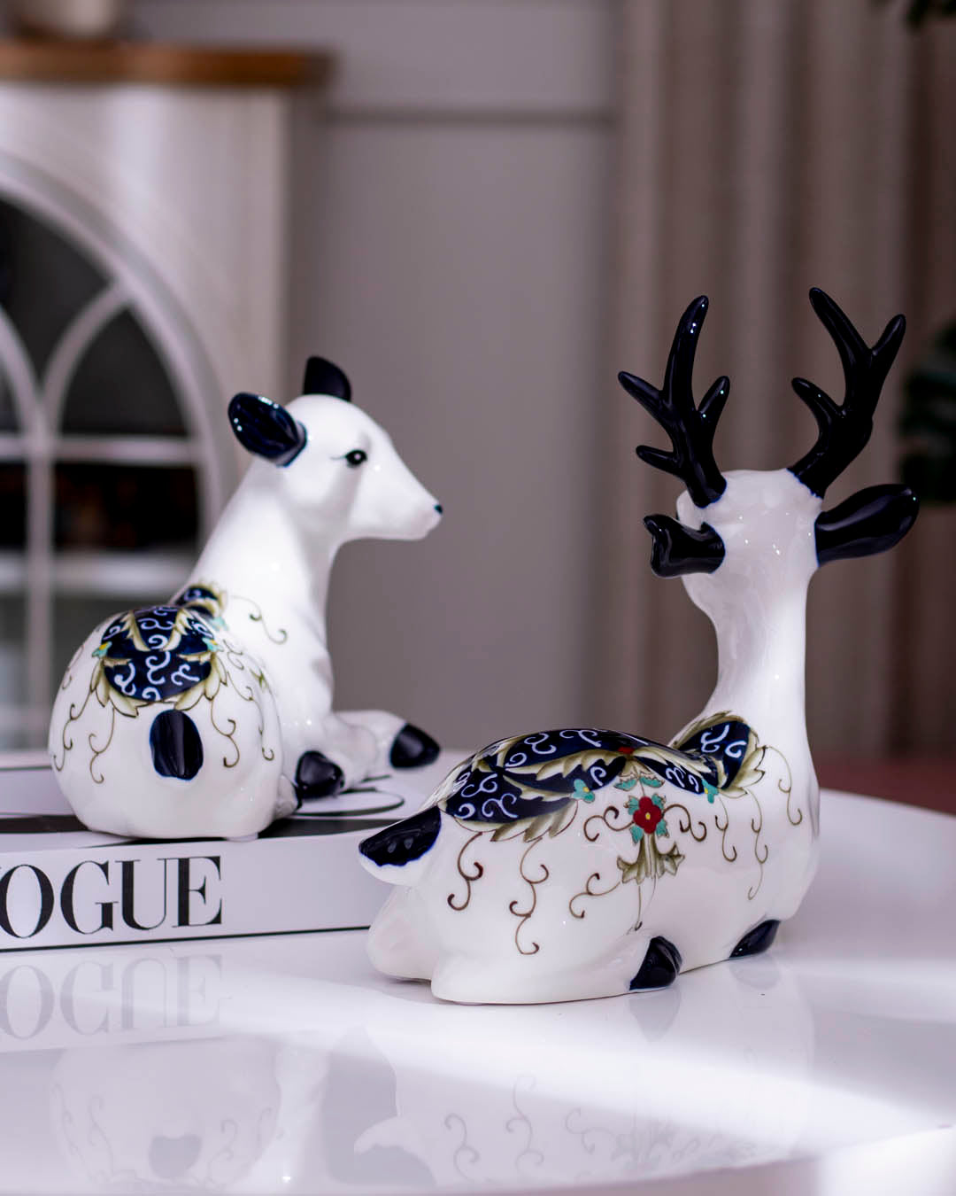 Porcelain Reindeer Sculptures - Set of 2