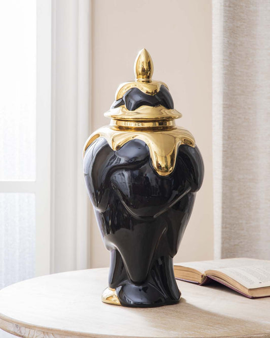 Black + Gold Dripping Paint Temple Jar - Large - The Decor Kart