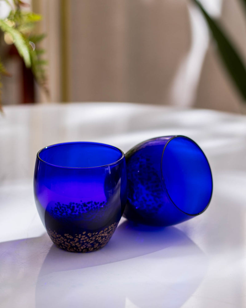 Albastru Bliss: Tumblers Glass with Gold Dots Base - Set of 2