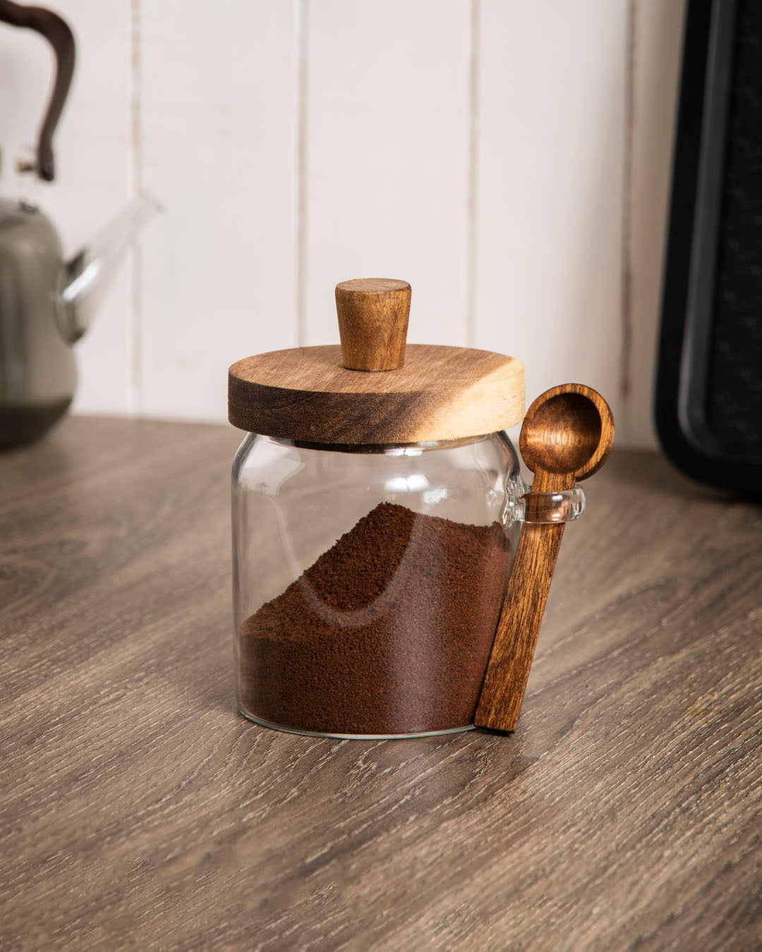 Glass Storage Jar with Wooden Lid and Spoon - Small 