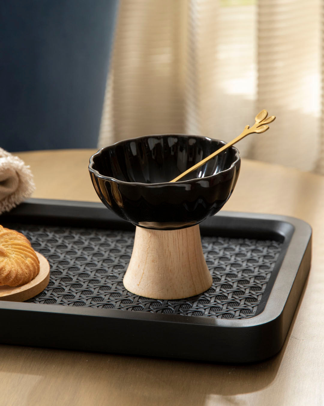 Ceramic + Wood Dessert Bowl - Black 