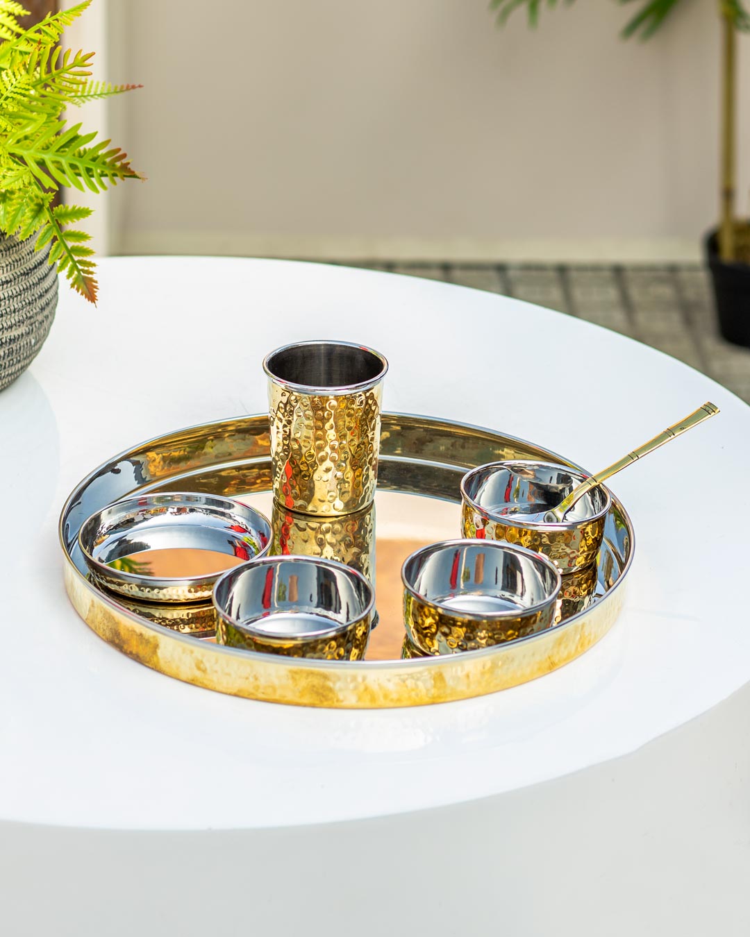 Traditional Brass Hammered Thali - Set Of 7