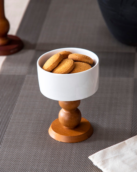 All White Ice Cream Bowl with Wooden Base - Small