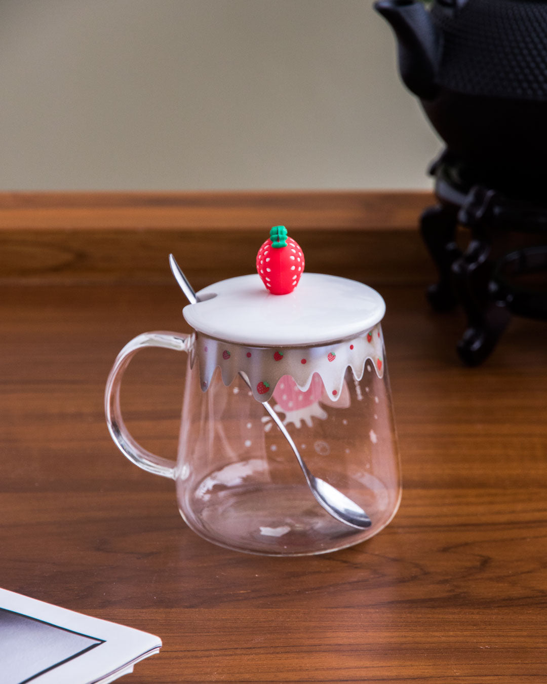 Strawberry Glass Coffee Mug with Spoon & Lid Set