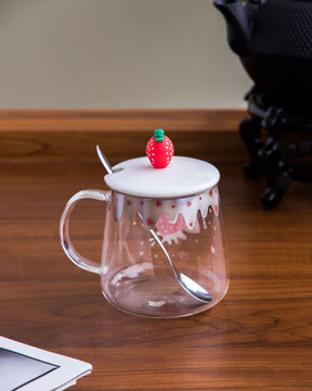Strawberry Glass Coffee Mug with Spoon & Lid Set