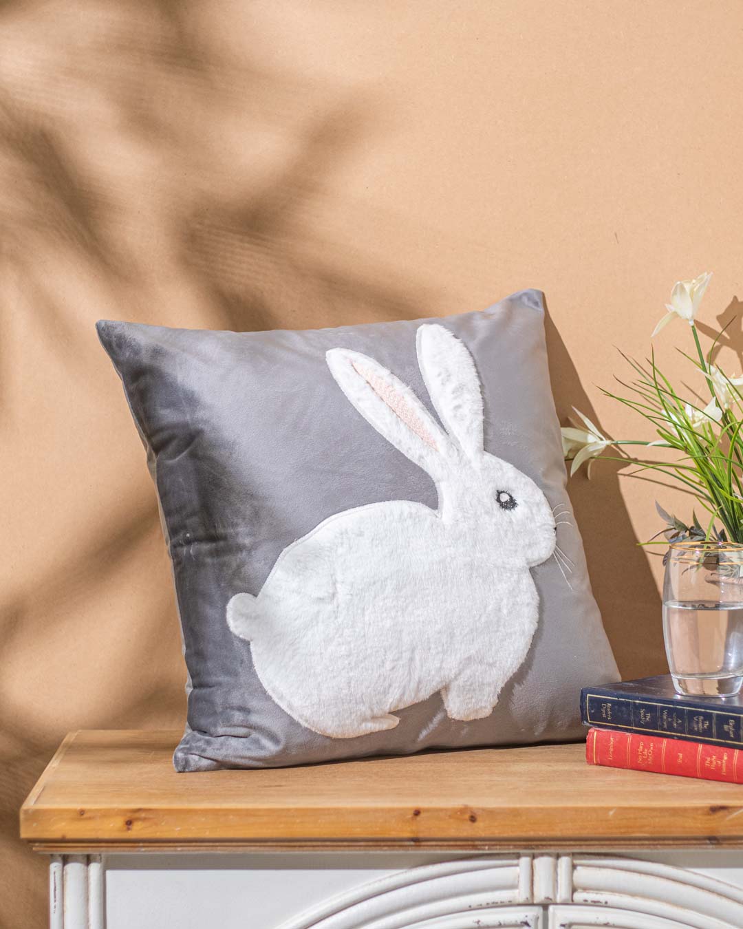Rabbit Embroidery Cushion Cover - Grey
