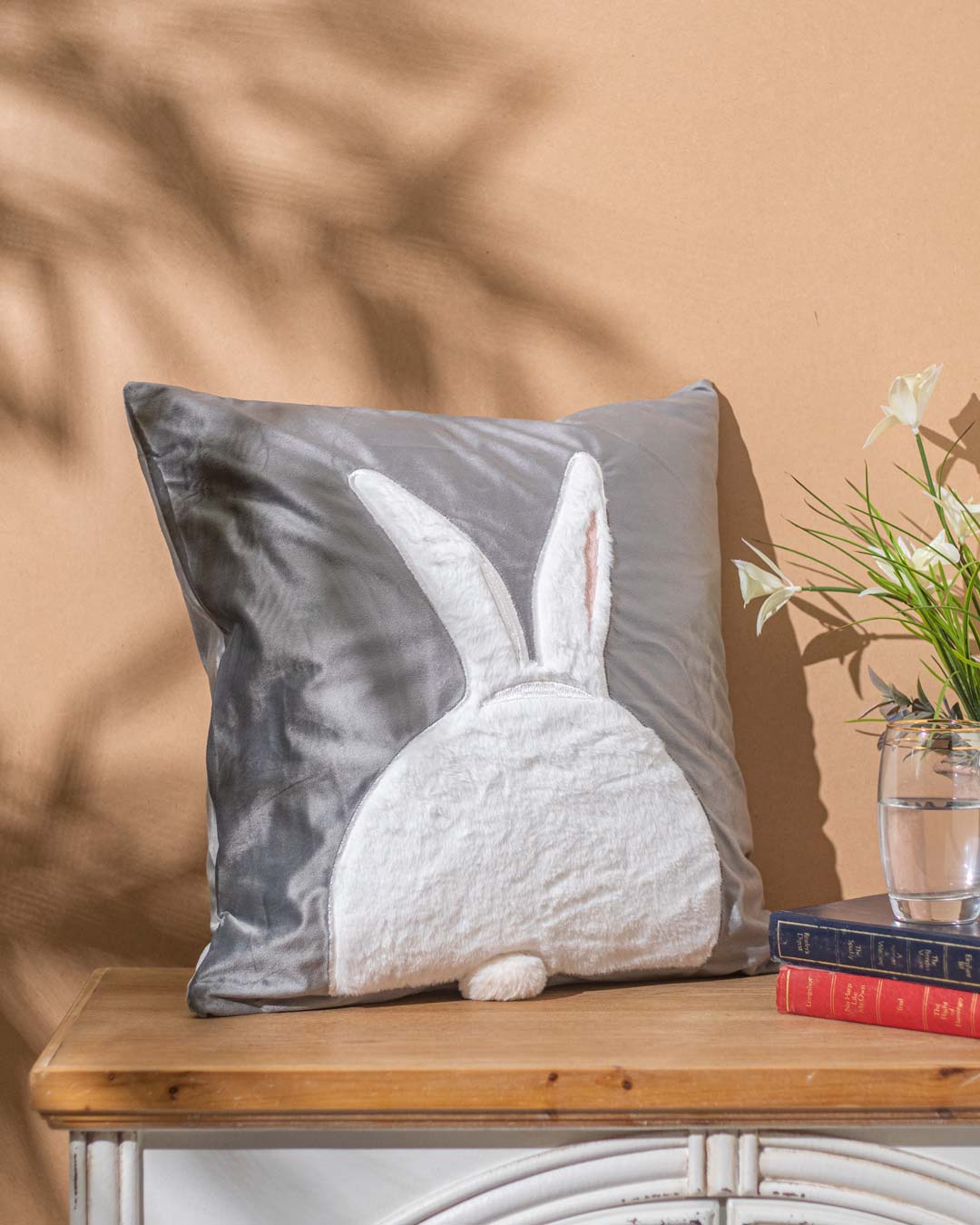 Rabbit Embroidery Cushion Cover - Grey