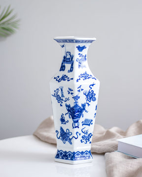 'Household' Hexagonal Blue & White Porcelain Vase