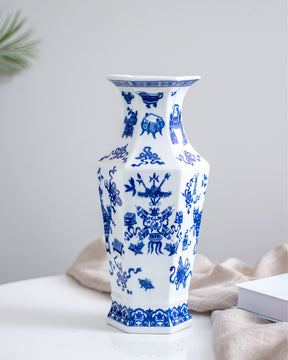 'Household' Hexagonal Blue & White Porcelain Vase