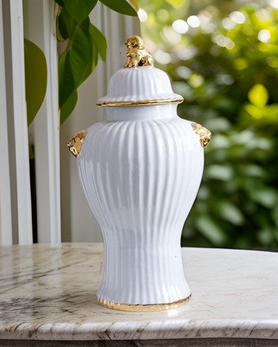 Luxe Monochrome White Foo Dog Temple Jar- Large - The Decor Kart