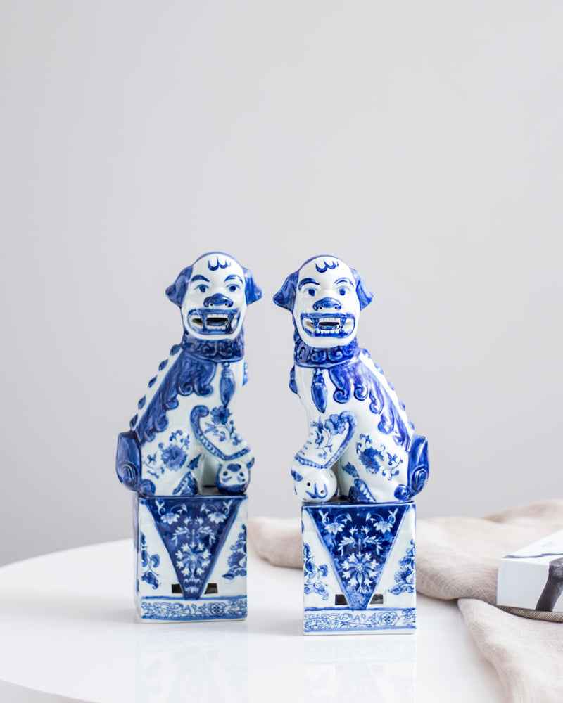 Blue & White Porcelain Foo Dogs - Set of 2