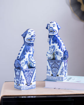 Blue & White Porcelain Foo Dogs - Set of 2