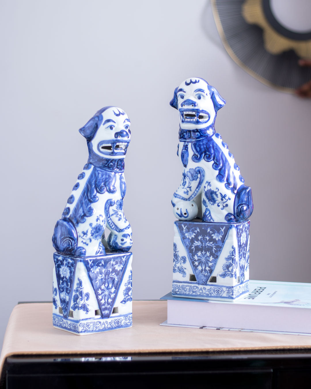 Blue & White Porcelain Foo Dogs - Set of 2