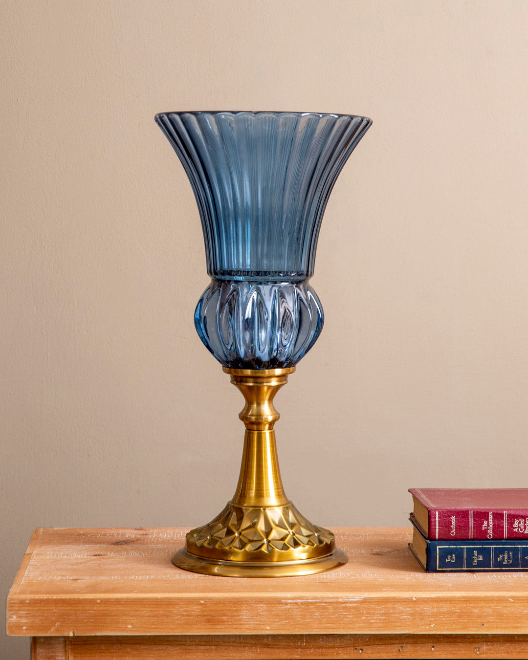 Ribbed Trumpet Glass Vase - Blue 