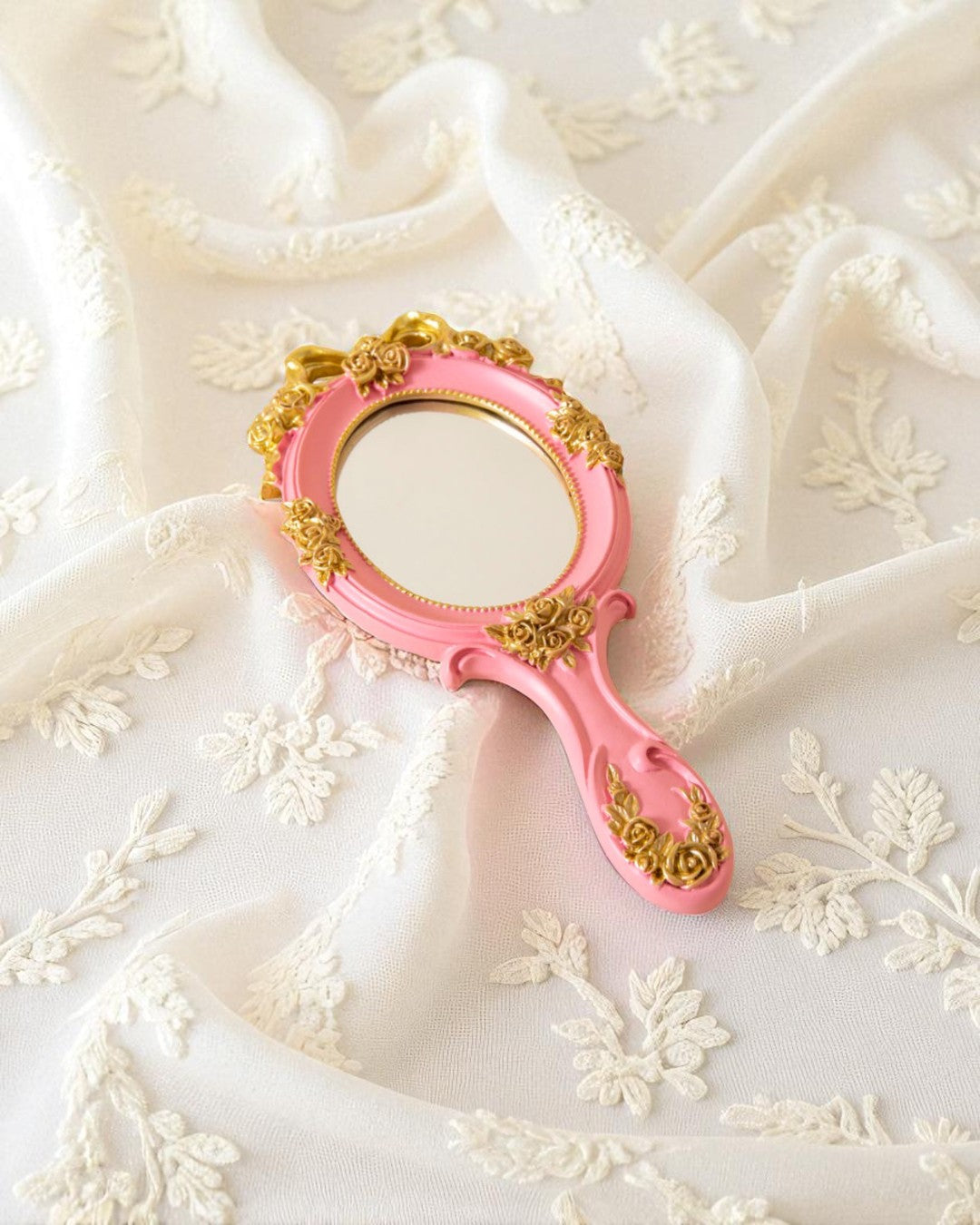 Vintage Aqua Floral Hand Mirror - Pink 