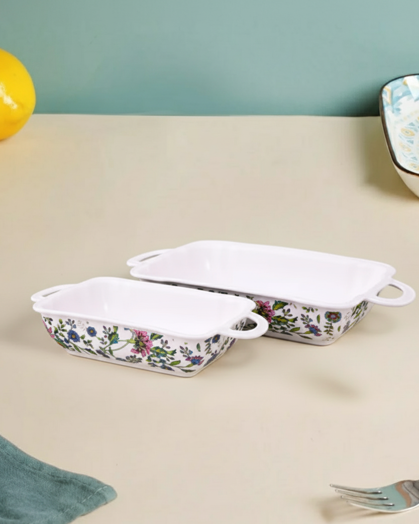 Floral Motif Rectangular Baking Dish - Set Of 2 