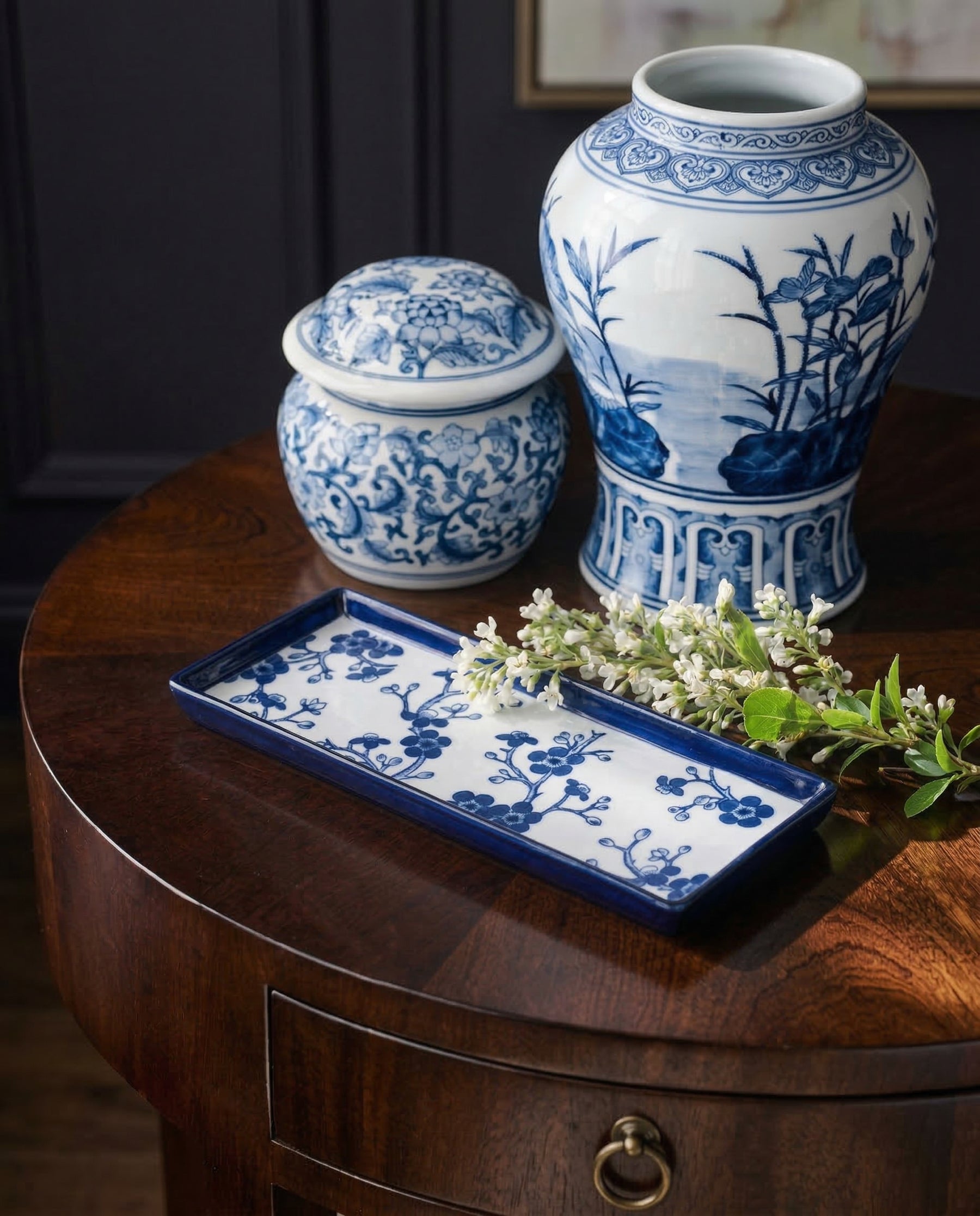 Royal Blue & White Floral Ceramic Platter 
