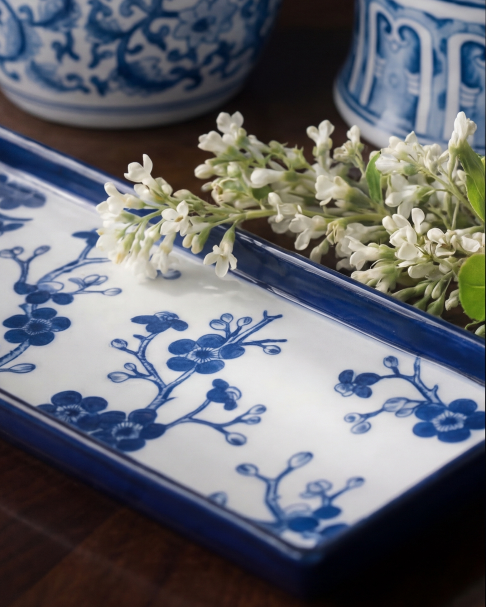 Royal Blue & White Floral Ceramic Platter 
