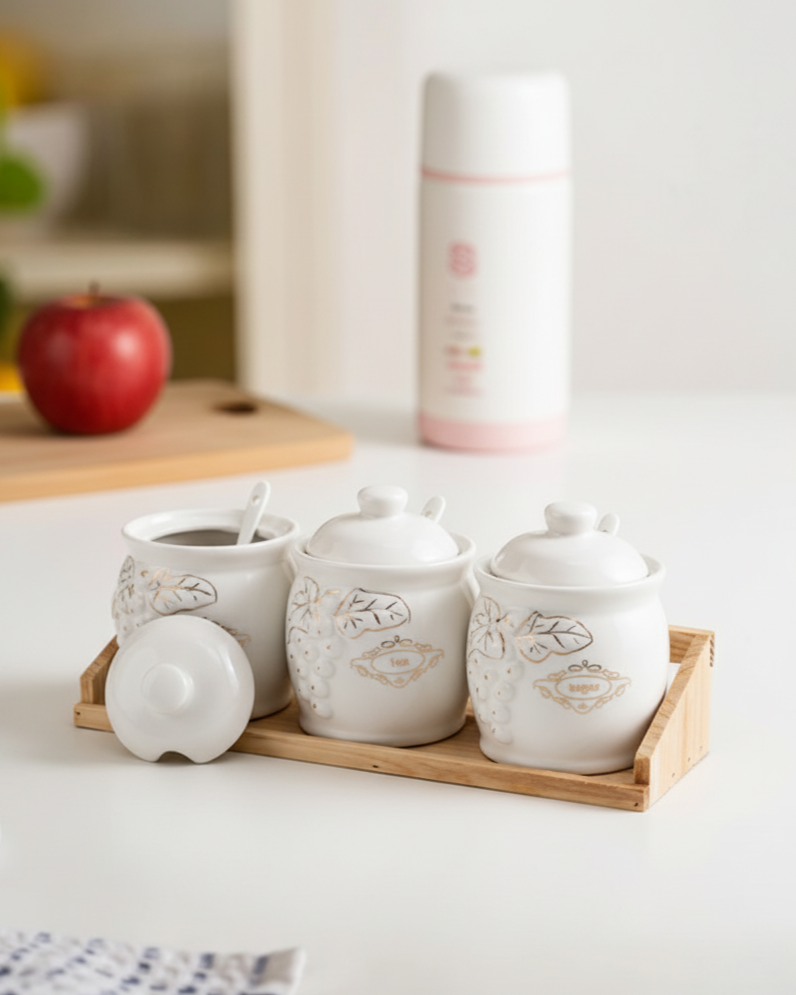 Embossed Grape Ceramic Storage Jar - Set Of 3 