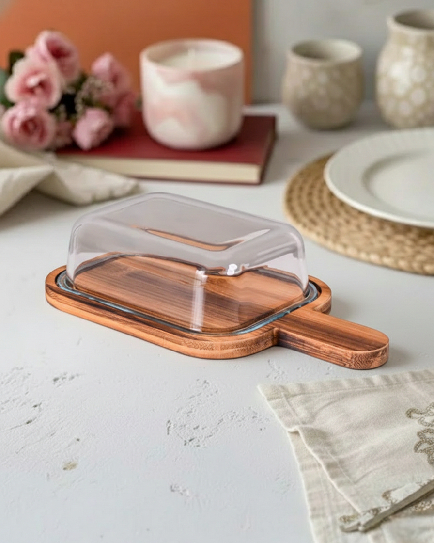 Wooden Base With Glass Dome Butter Dish