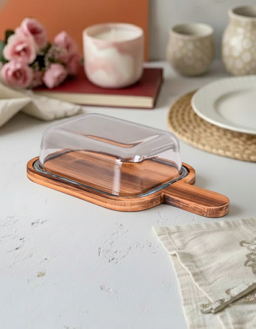 Wooden Base With Glass Dome Butter Dish 