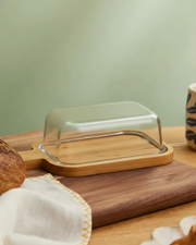Wooden Base With Glass Dome Butter Dish