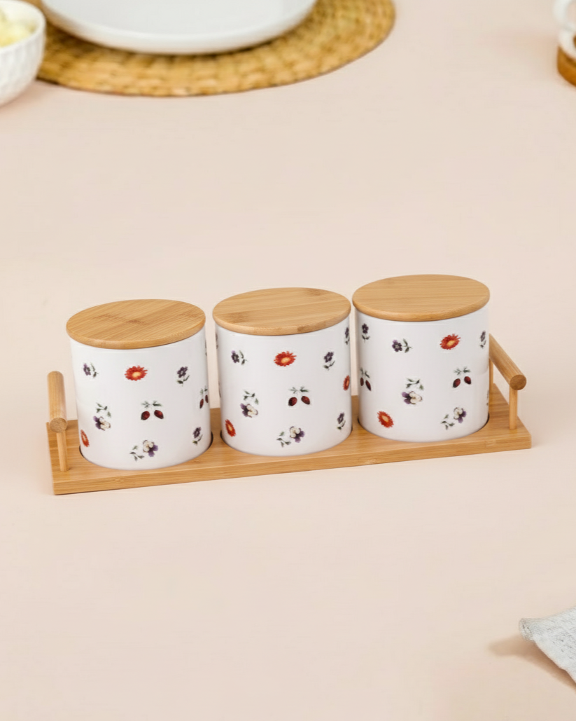 Floral Charm Ceramic Storage Jar - Set Of 3