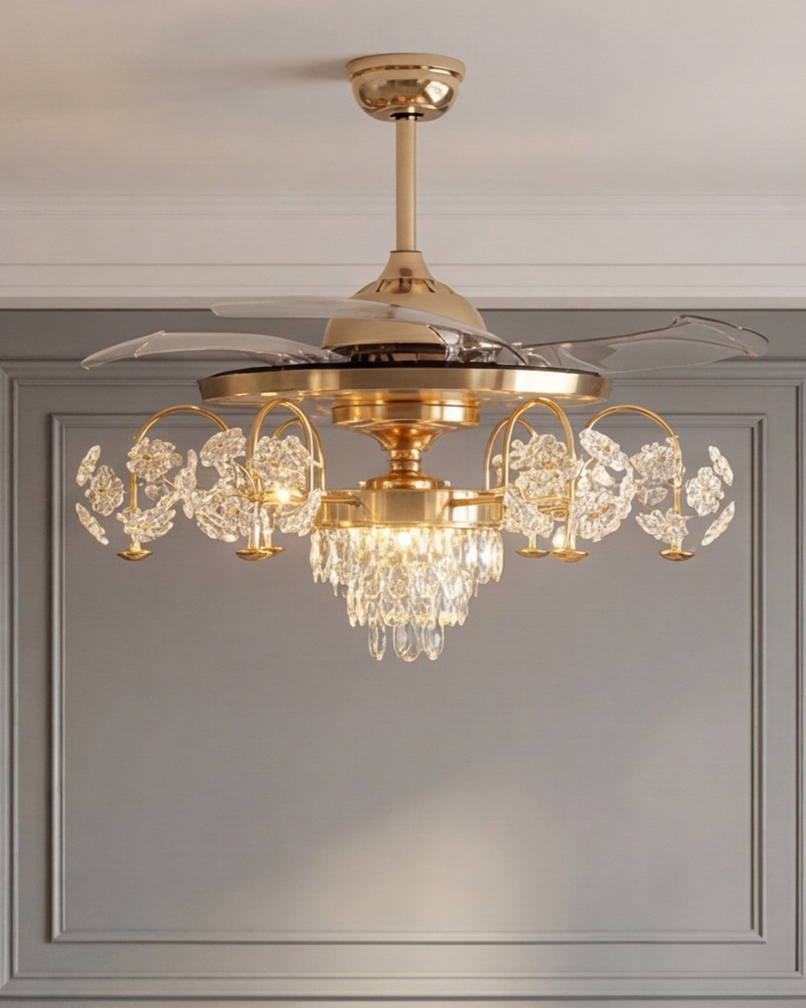 Royal Crystal Retractable Ceiling Fan + Chandelier Light (with Remote Control) 