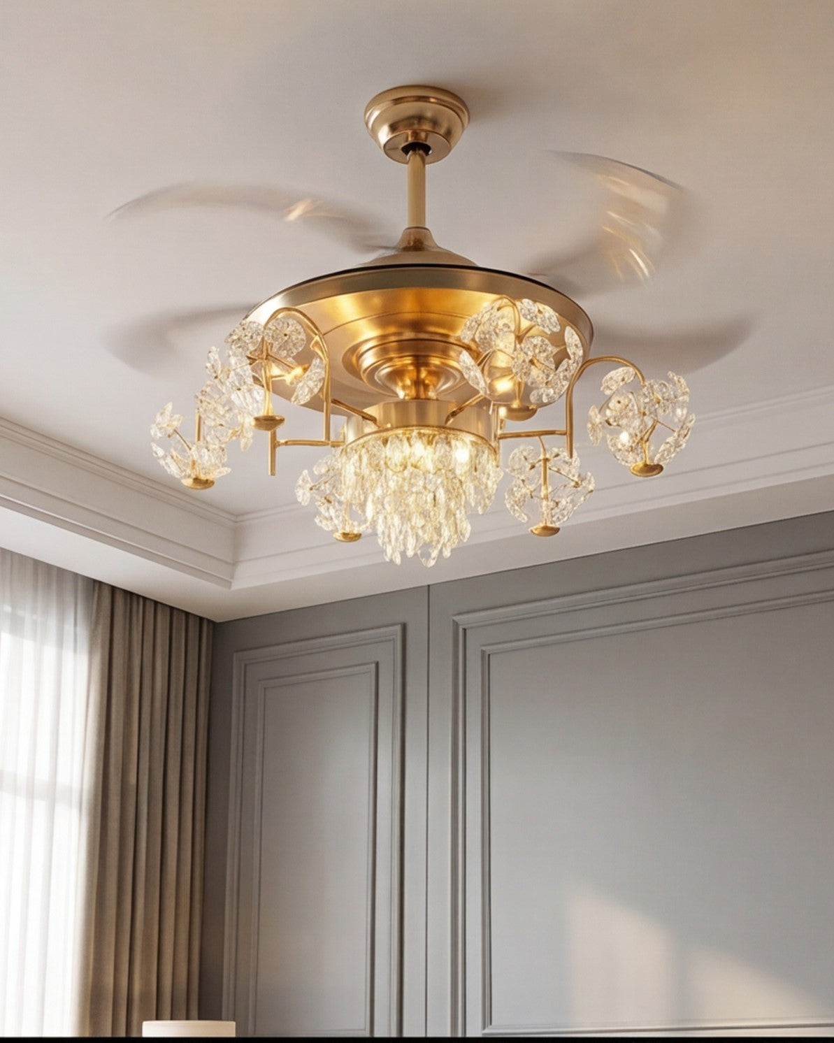 Royal Crystal Retractable Ceiling Fan + Chandelier Light (with Remote Control) 
