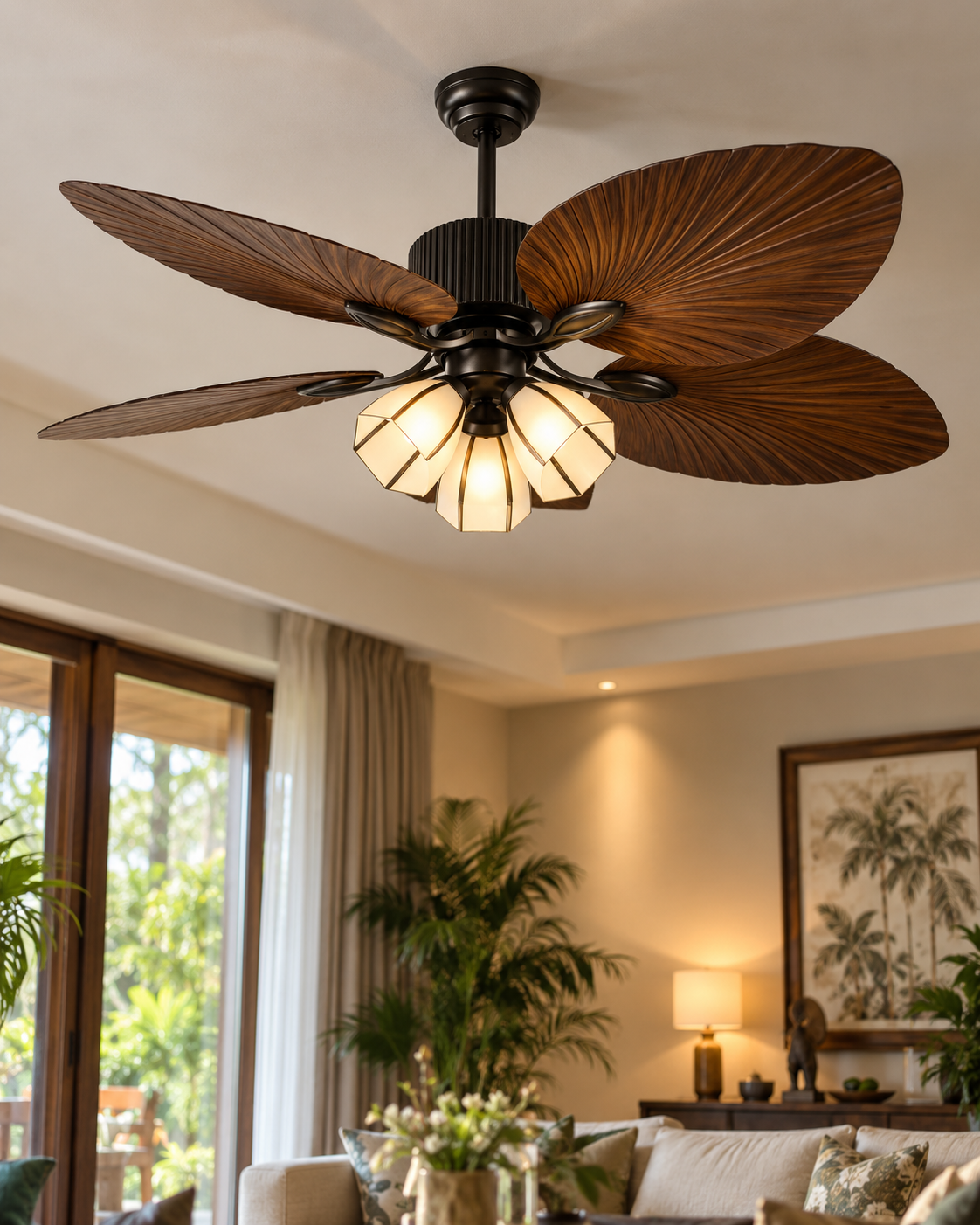 Palm Leaf Vintage Ceiling Fan with 3 Lights - Black