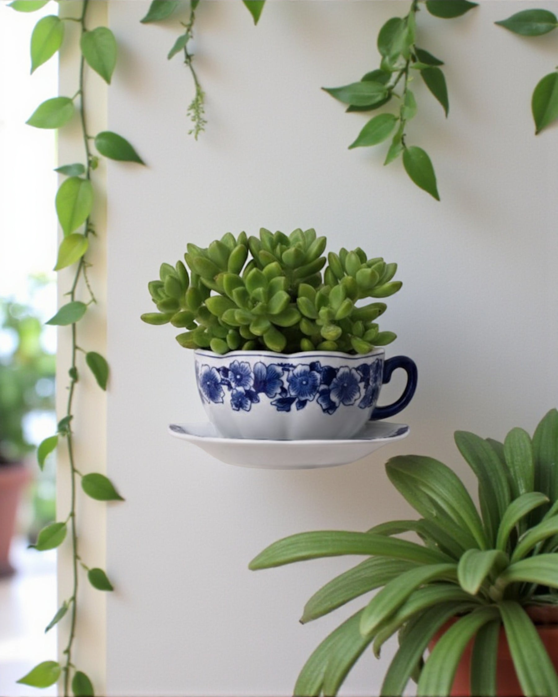 Blue Floral Teacup Wall Vase 