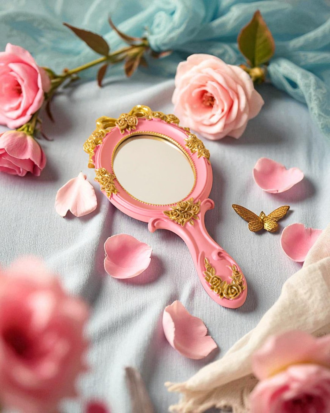 Vintage Aqua Floral Hand Mirror - Pink 