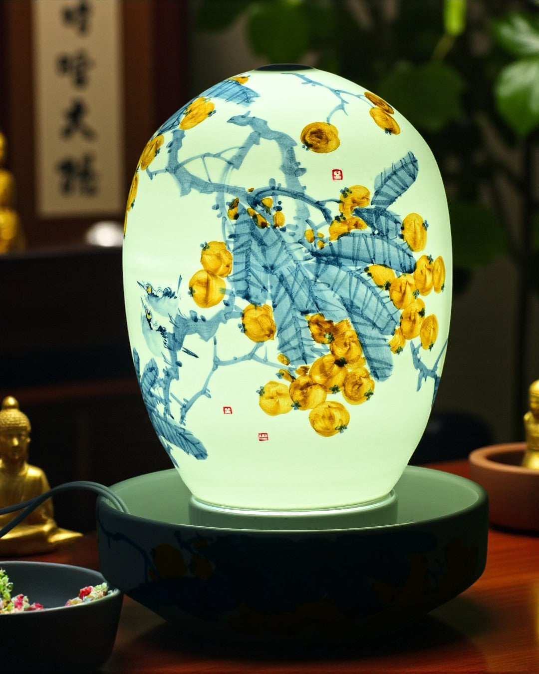 Golden Blossom Serenity Ceramic Fountain Lamp 