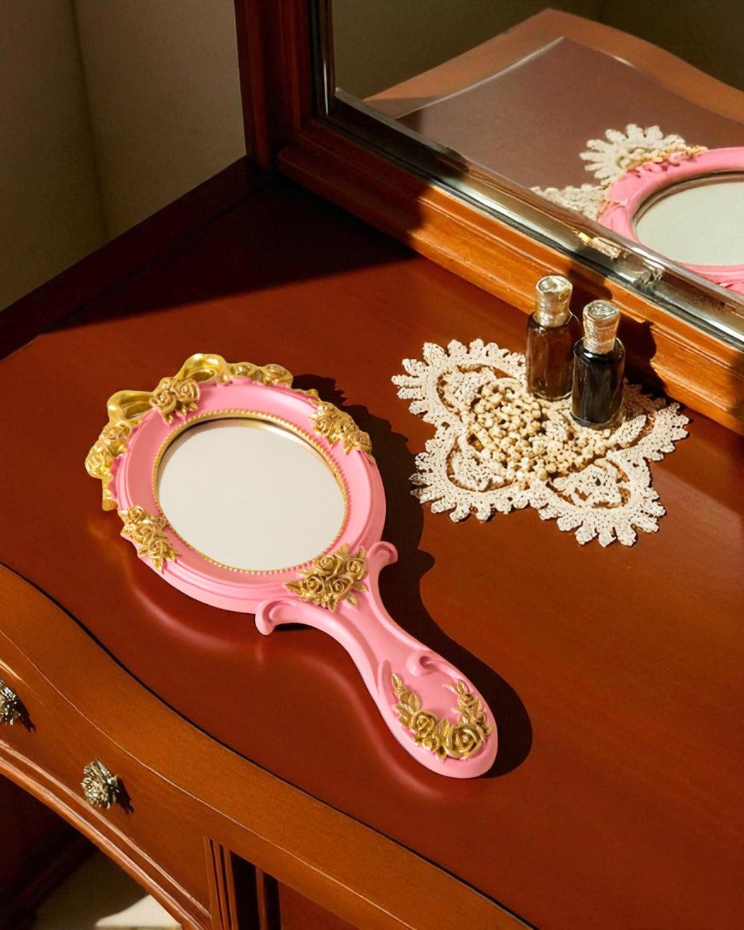 Vintage Aqua Floral Hand Mirror - Pink 