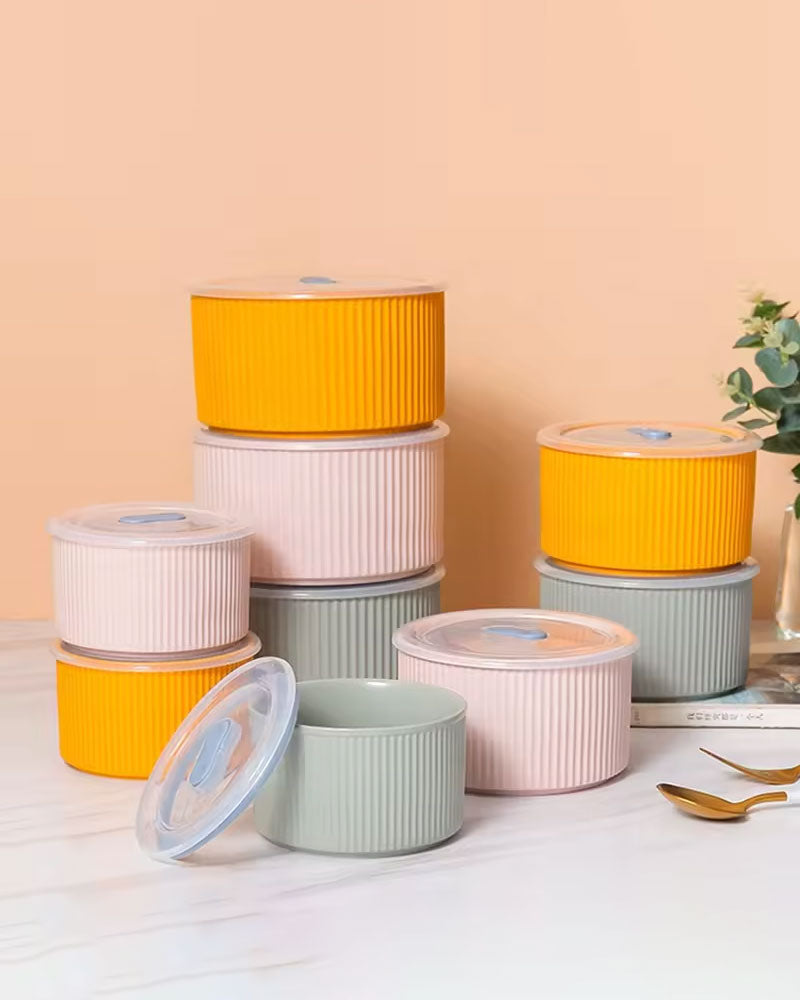 Ribbed 3 Piece Lunch Box with Lid - Orange 