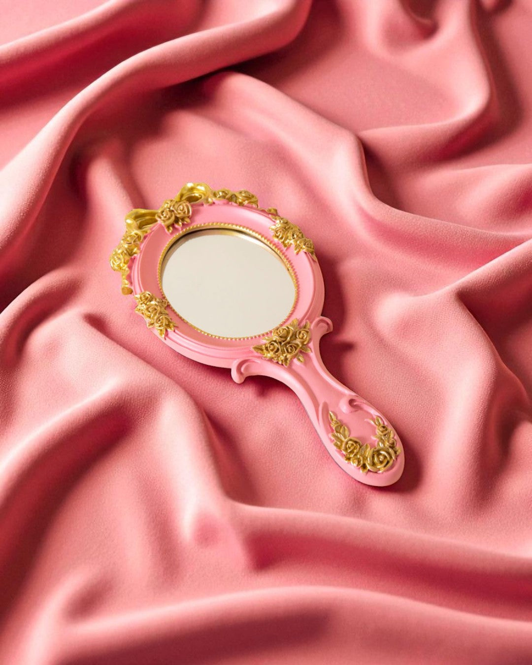 Vintage Aqua Floral Hand Mirror - Pink 